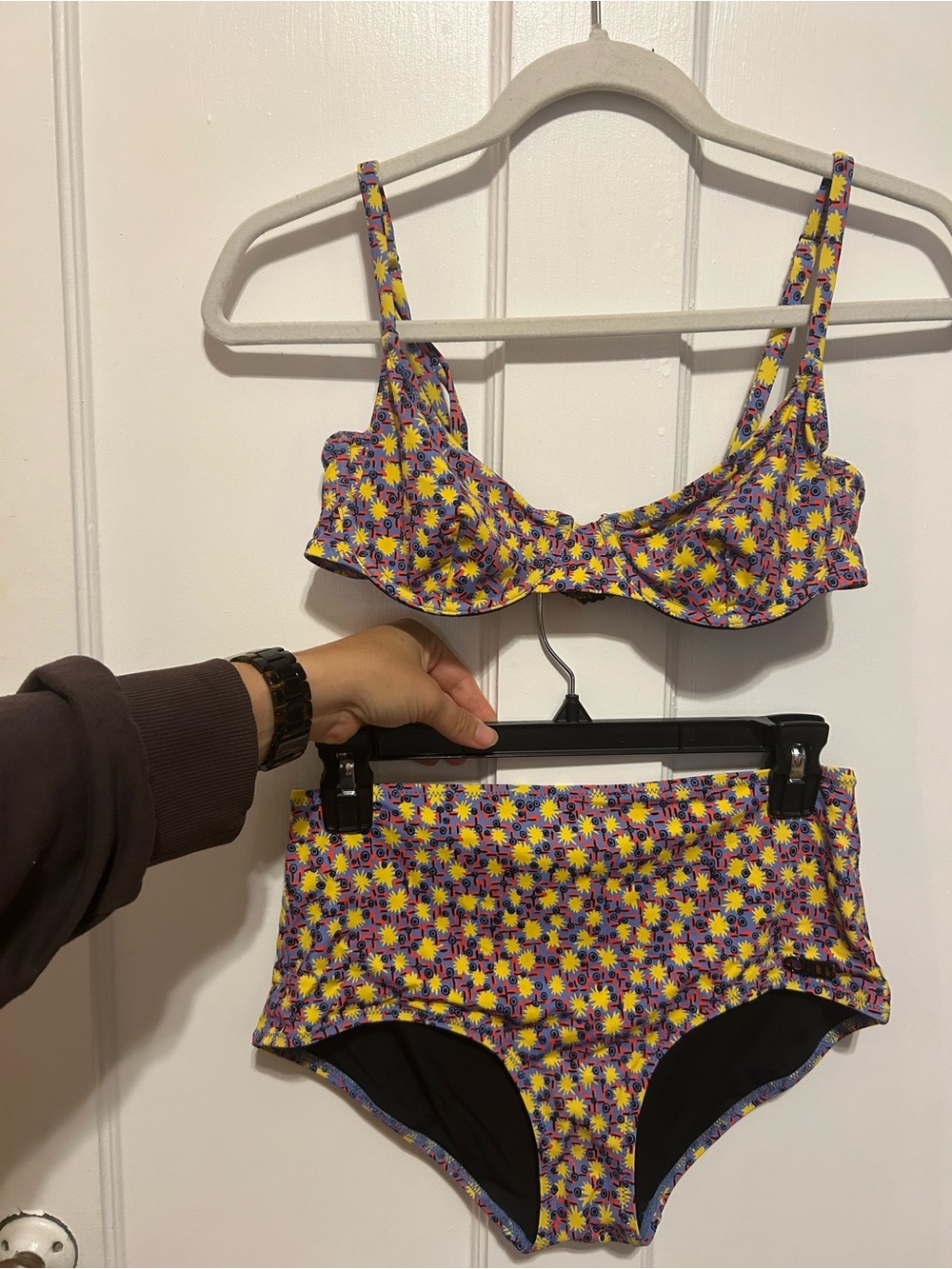 Solid and Striped Ginger Print High-Waist Bikini Set - Yellow, Blue, Red